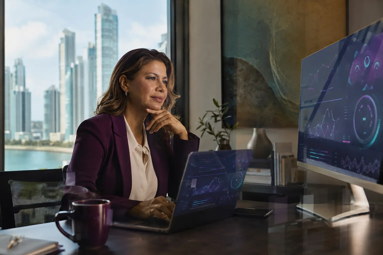 Empresaria revisando las señales de rendimiento de su presencia digital