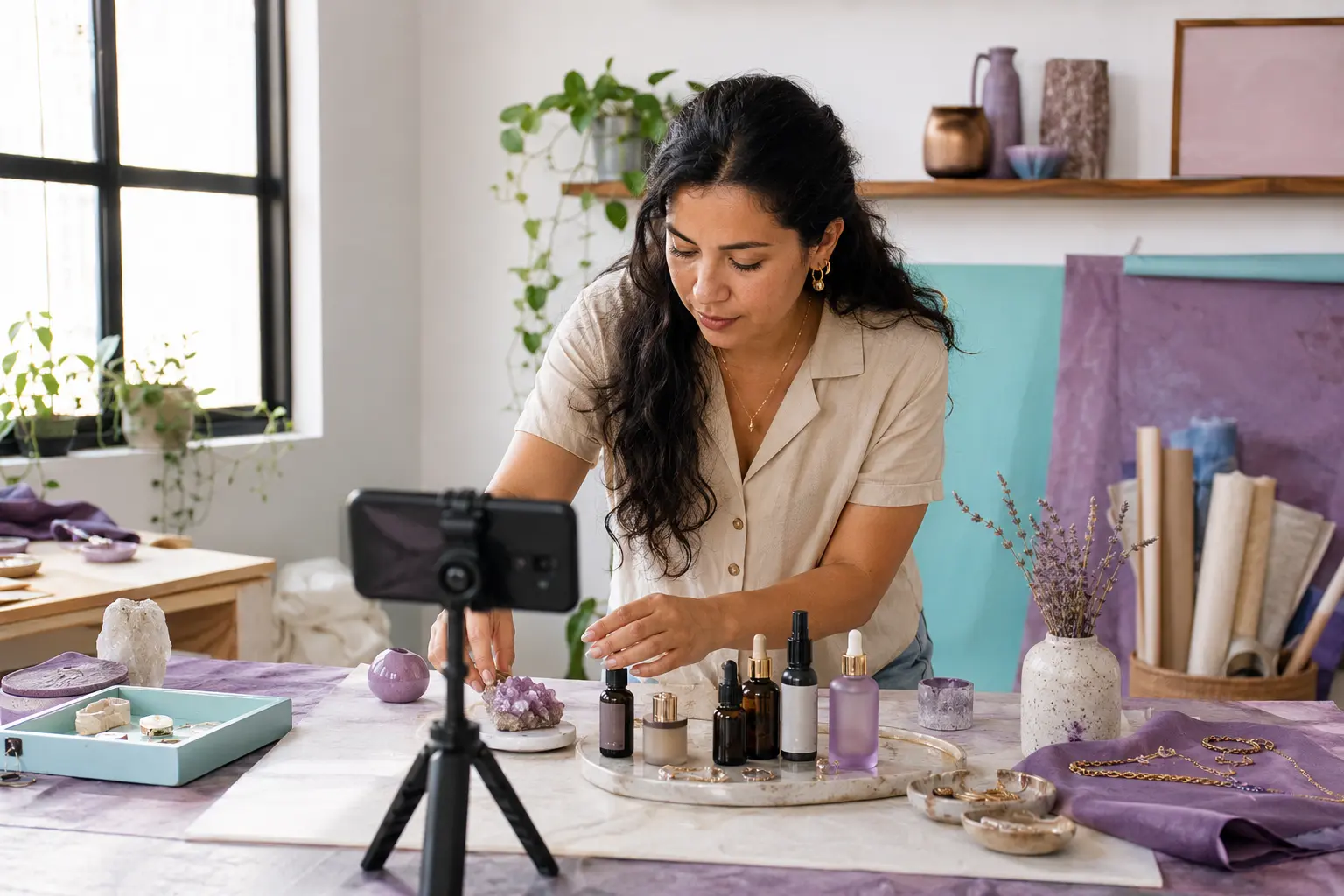 Emprendedora preparando y fotografiando sus productos para el catálogo online