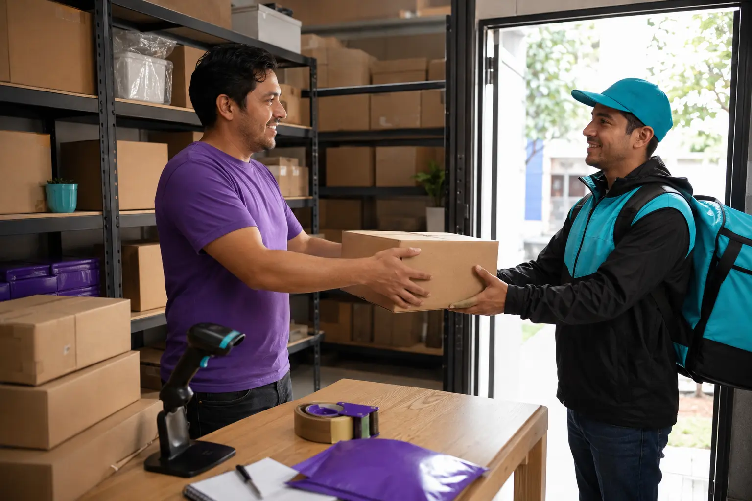 Negocio organizando inventario y entregando un pedido preparado