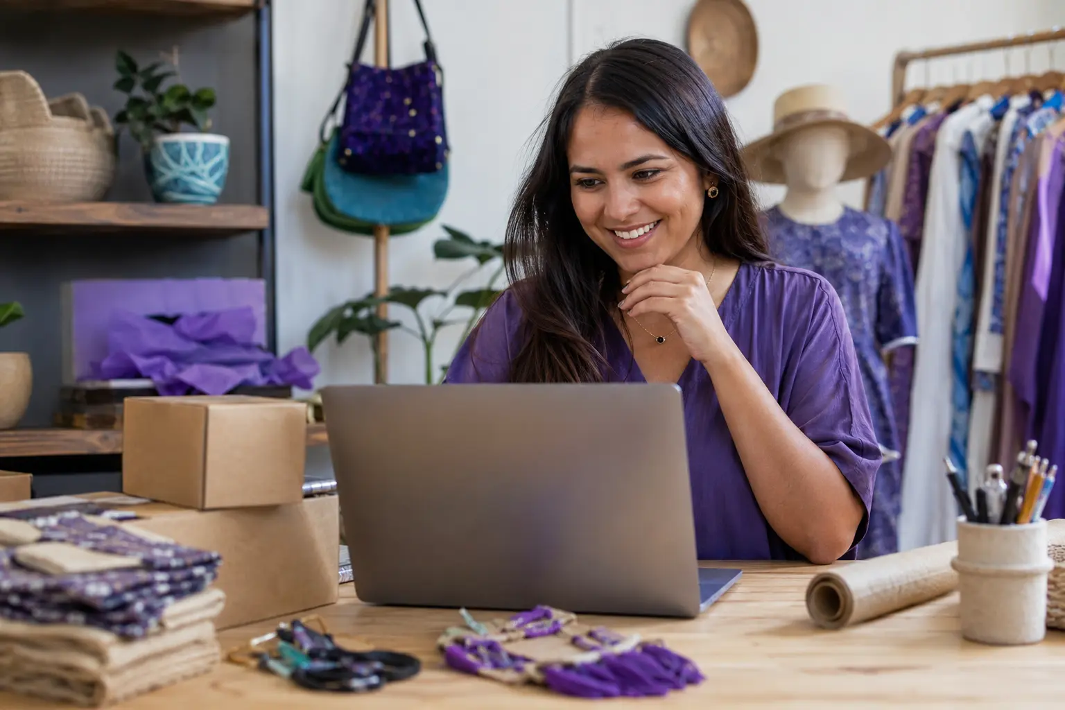 Emprendedora administrando con entusiasmo su tienda online