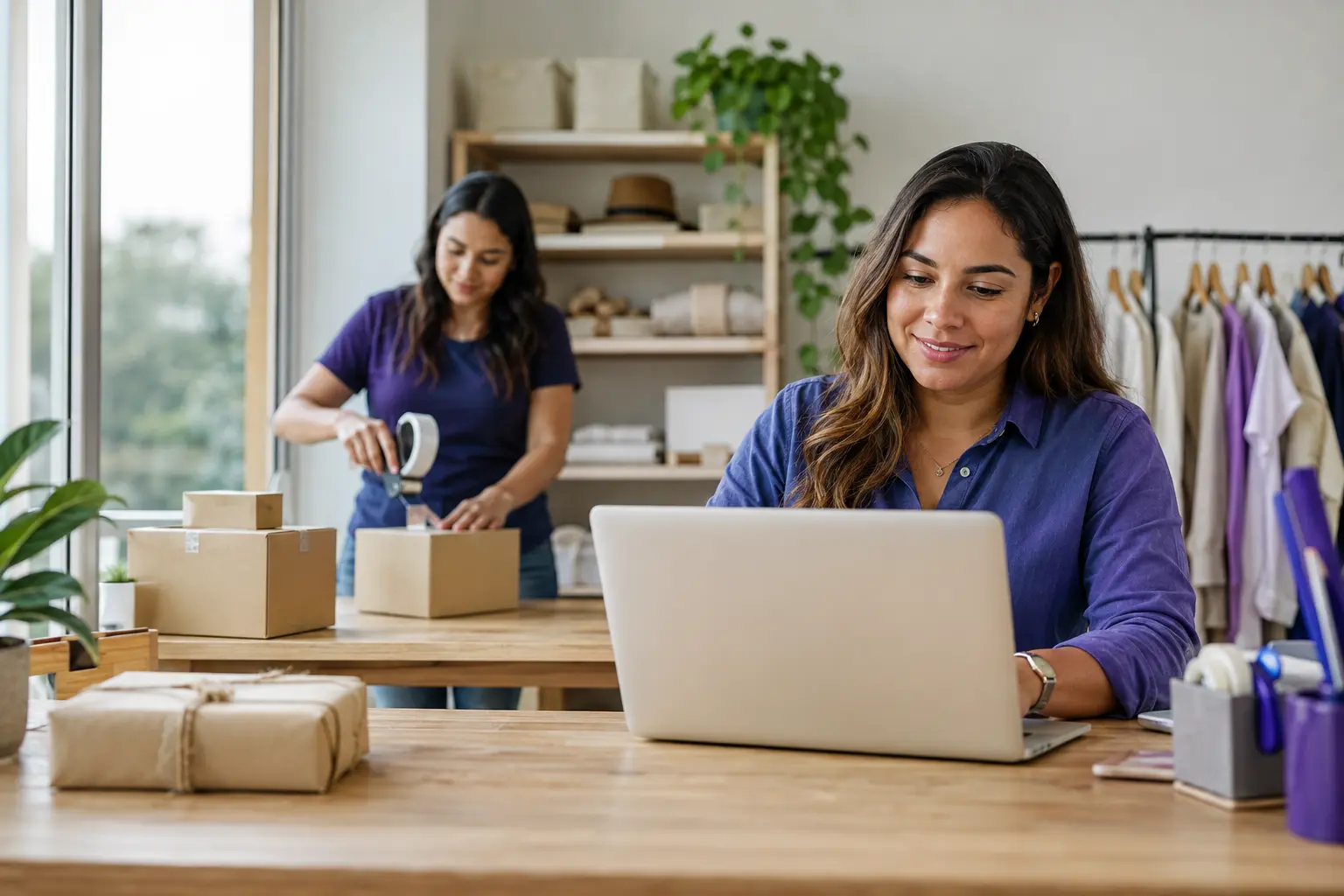Empresaria administrando una tienda online en crecimiento con pedidos organizados