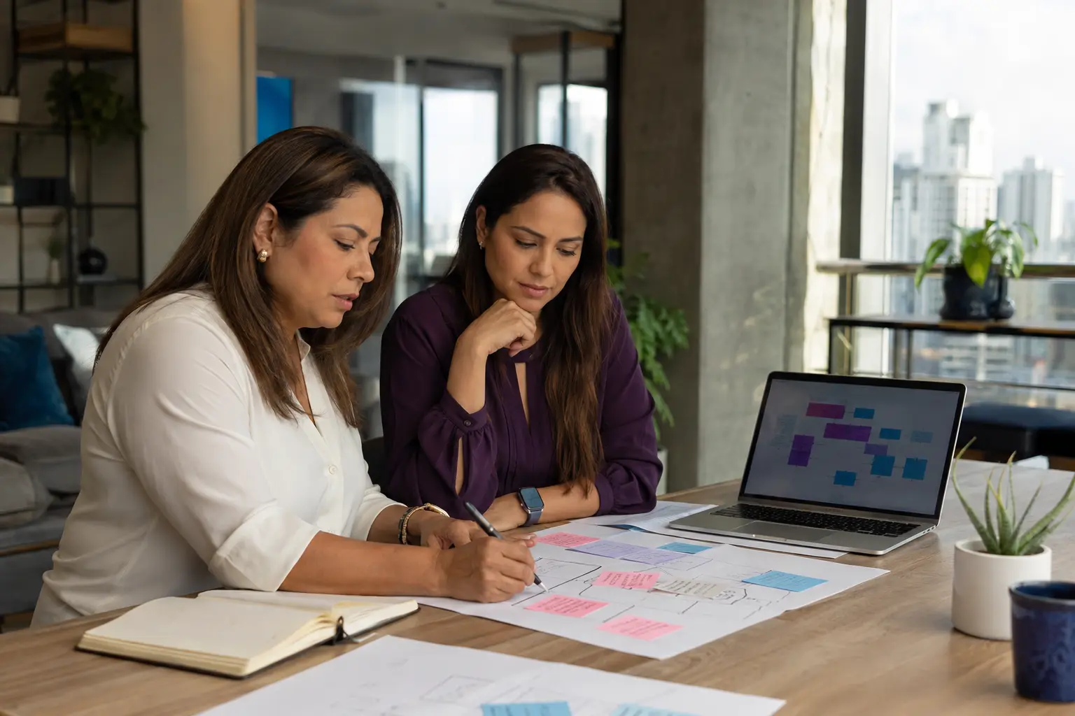 Empresaria y estratega tecnológica analizando juntas un proceso antes de desarrollar software